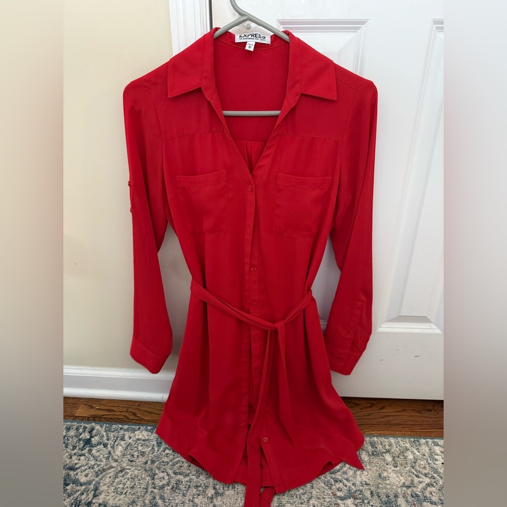 Express Vibrant Red Button-Down Shirt Dress